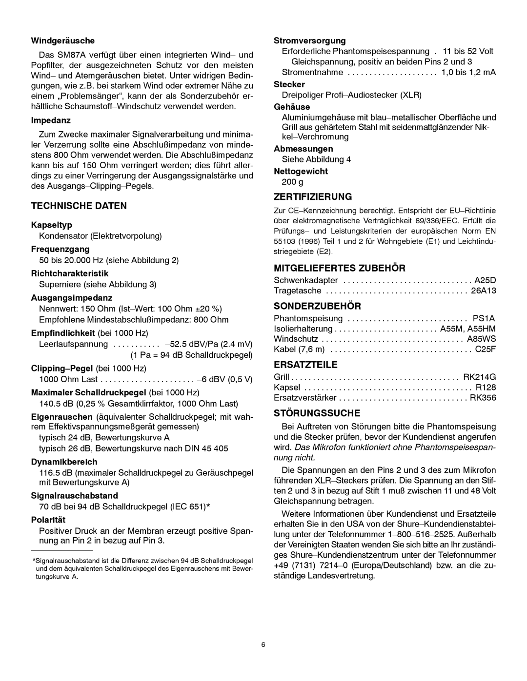 Shure SM87A manual Technische Daten, Zertifizierung, Mitgeliefertes Zubehör, Sonderzubehör, Ersatzteile, Störungssuche 