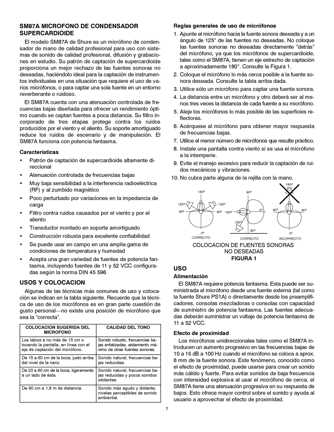 Shure manual SM87A Microfono DE Condensador Supercardioide, Usos Y Colocacion 