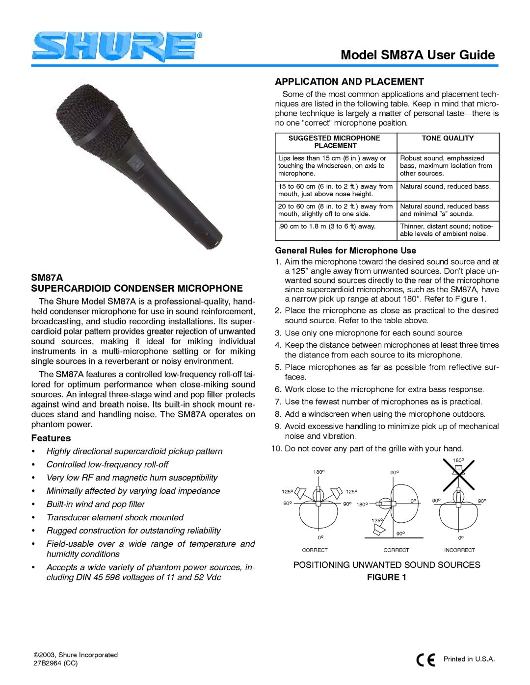 Shure manual SM87A Supercardioid Condenser Microphone, Application and Placement, General Rules for Microphone Use 