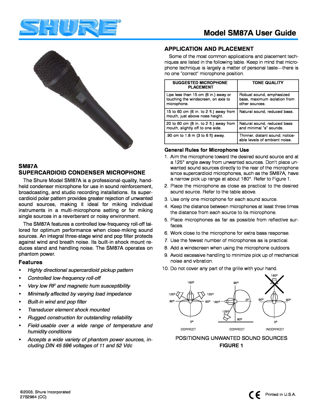 Shure manual SM87A SUPERCARDIOID CONDENSER MICROPHONE, Features, Application And Placement, Model SM87A User Guide 