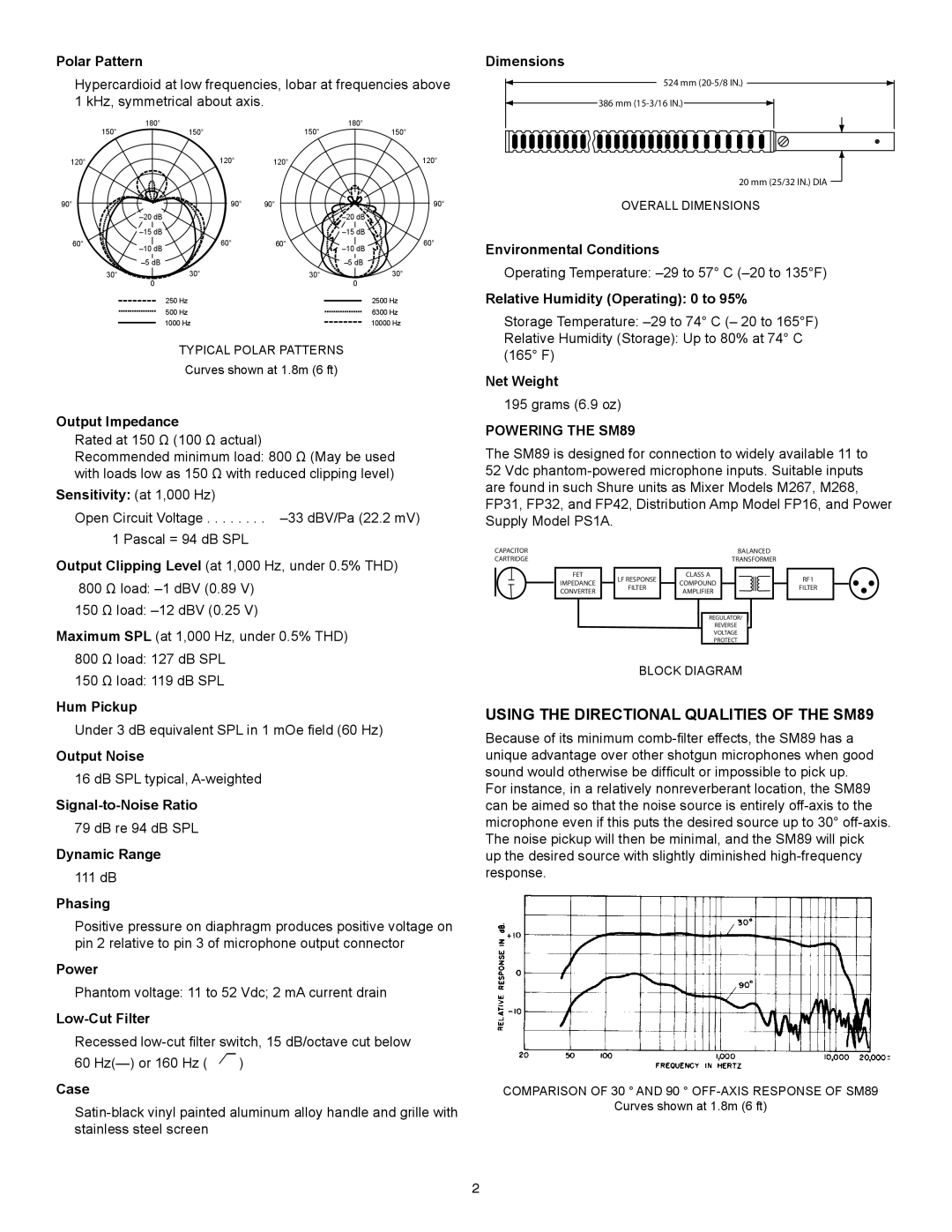 Shure specifications Using the Directional Qualities of the SM89 