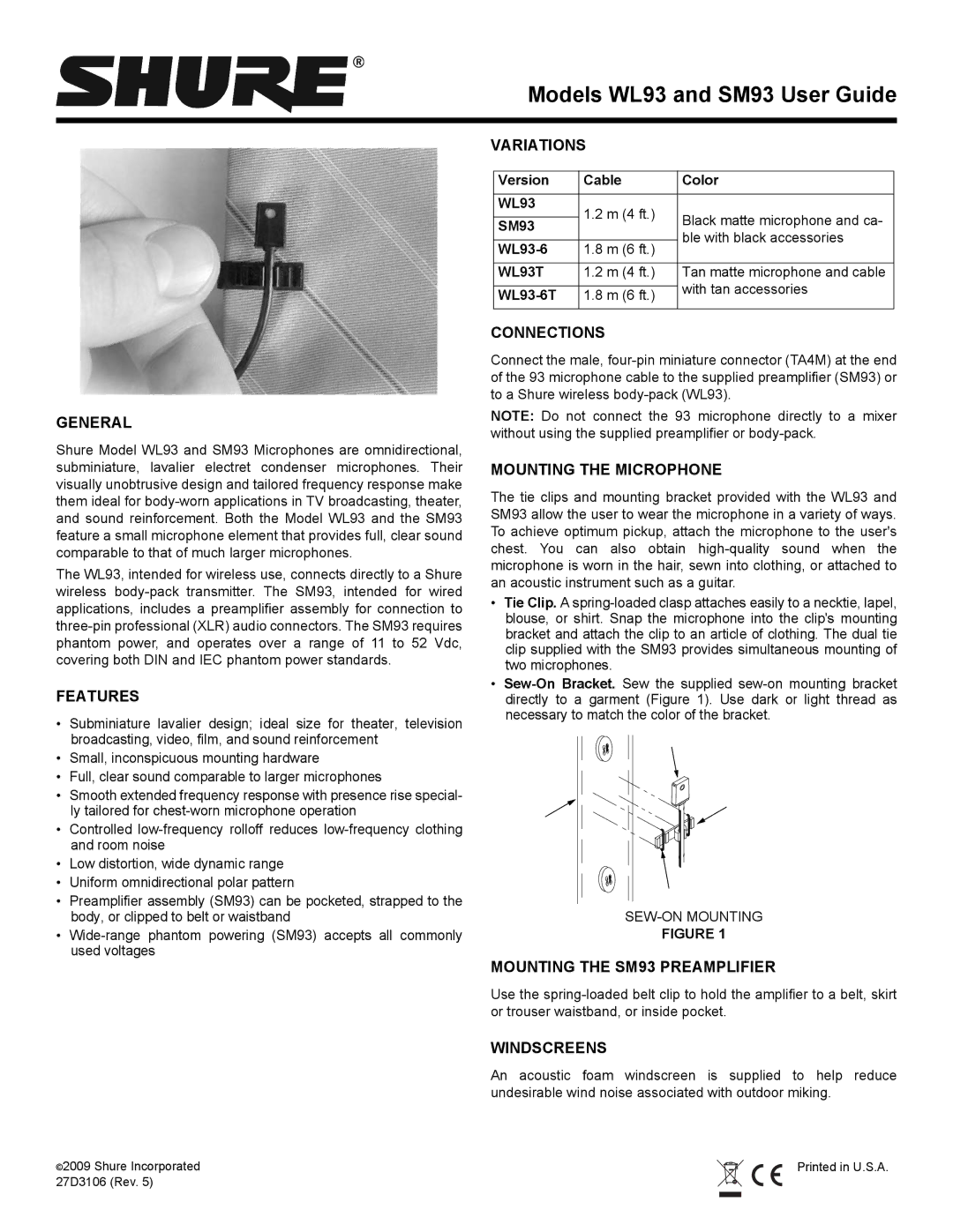 Shure WL-93 manual General, Features, Variations, Connections, Mounting the Microphone, Mounting the SM93 Preamplifier 