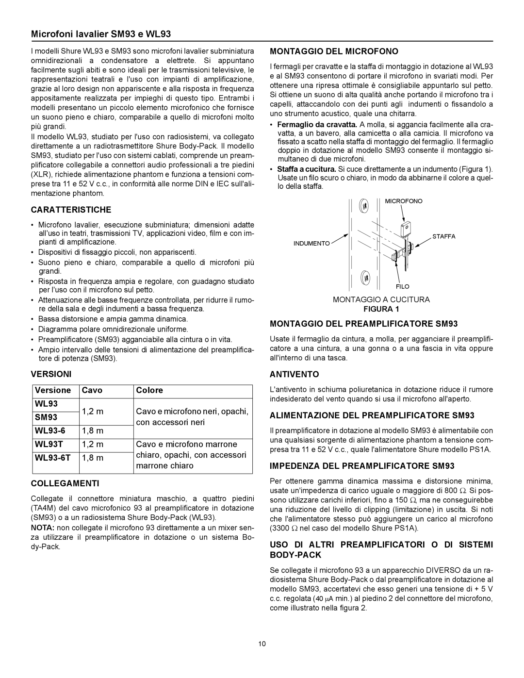 Shure WL-93 manual Microfoni lavalier SM93 e WL93 