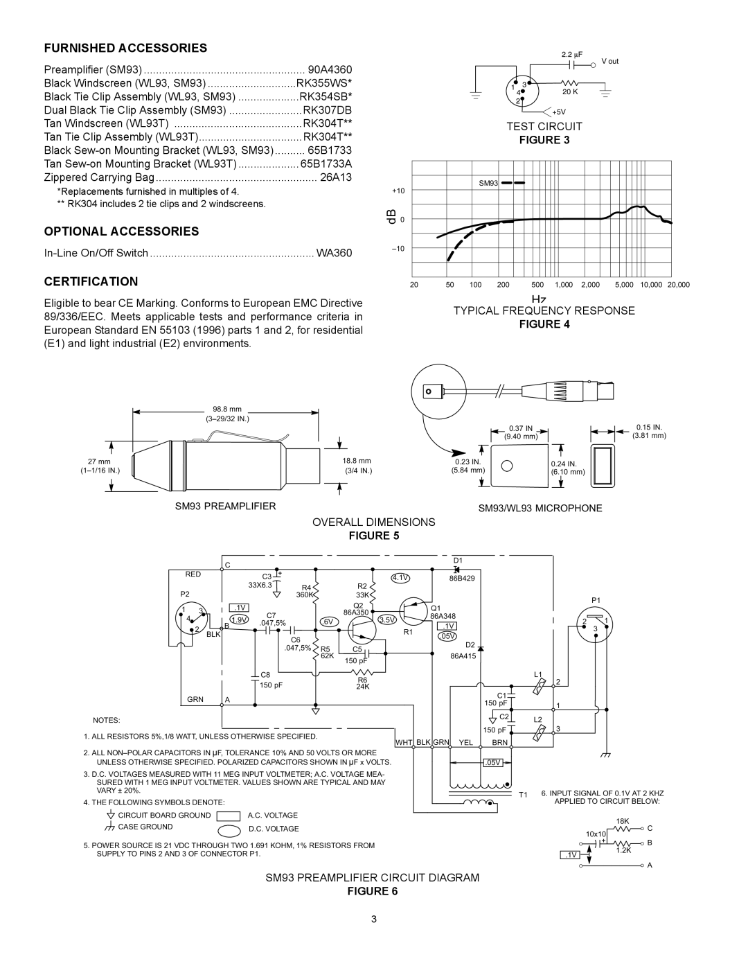 Shure WL-93, SM93 manual Furnished Accessories, Optional Accessories, Certification 