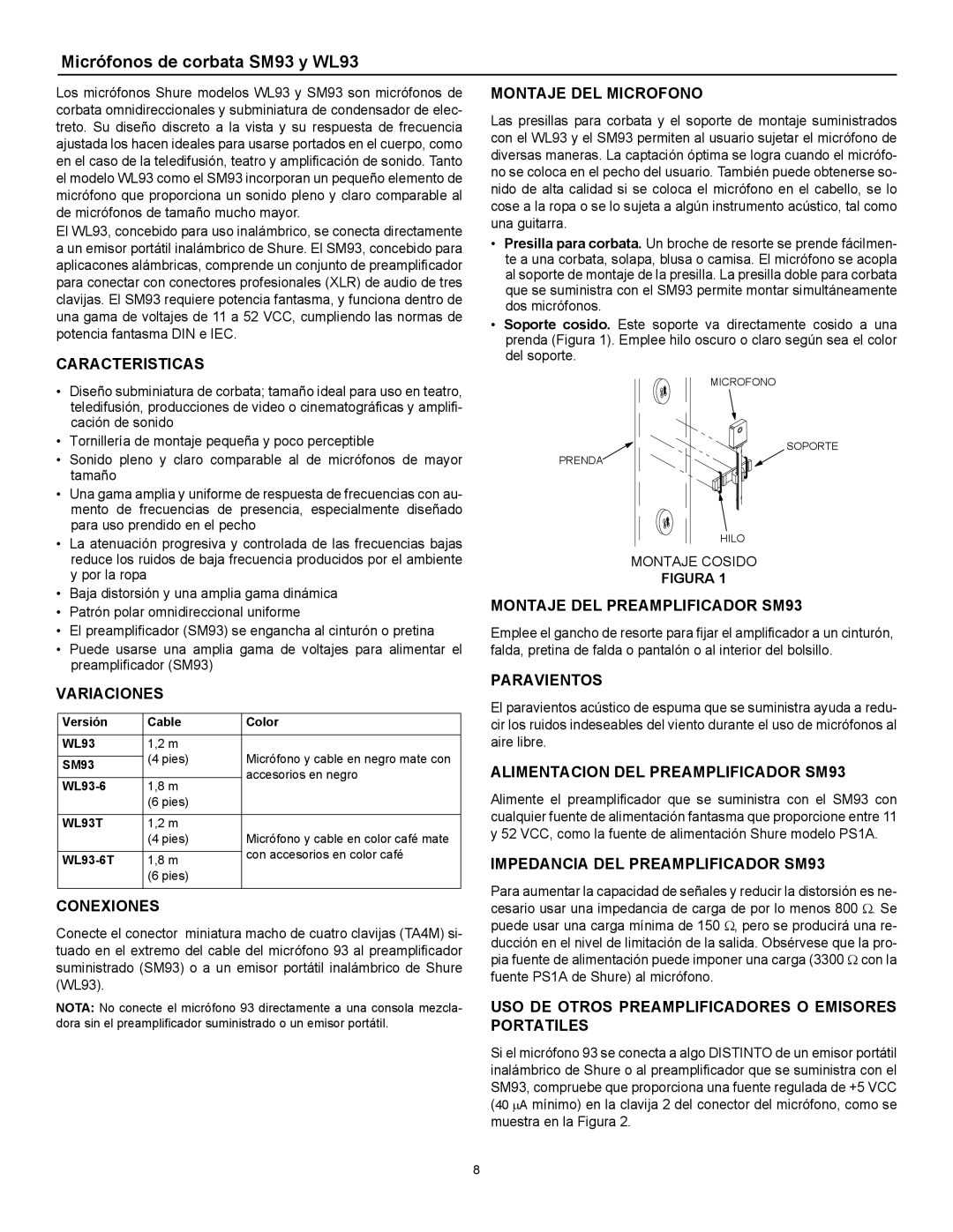 Shure WL-93 manual Micrófonos de corbata SM93 y WL93 