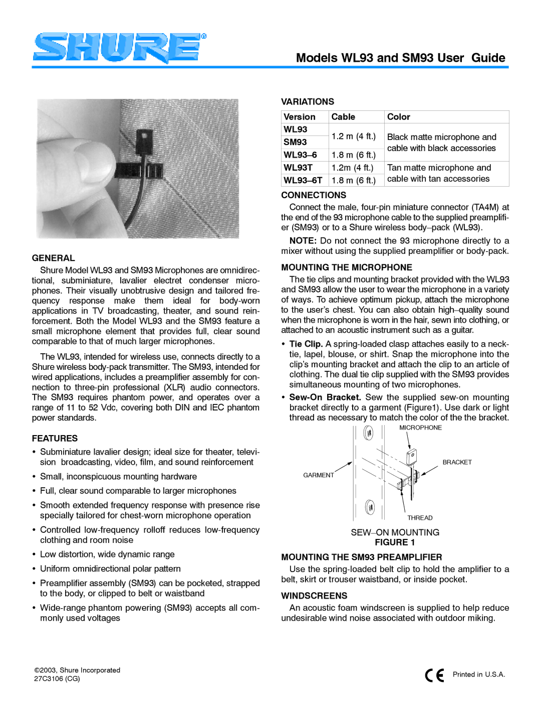 Shure WL93T, WL93-6T manual Models WL93 and SM93 User Guide 