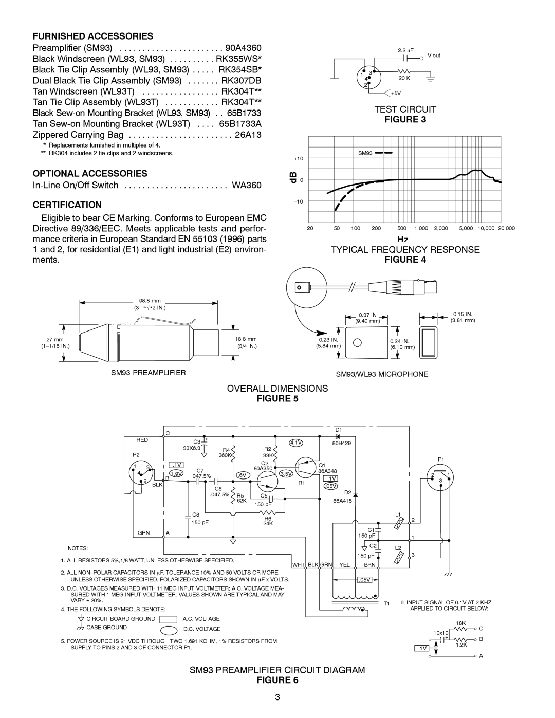 Shure WL93T, SM93, WL93-6T manual Furnished Accessories, Optional Accessories, Certification 