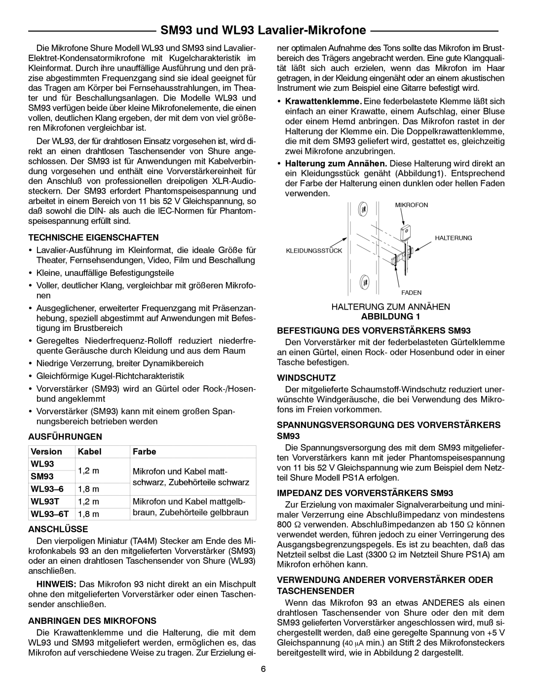 Shure WL93T, WL93-6T manual SM93 und WL93 Lavalier-Mikrofone 