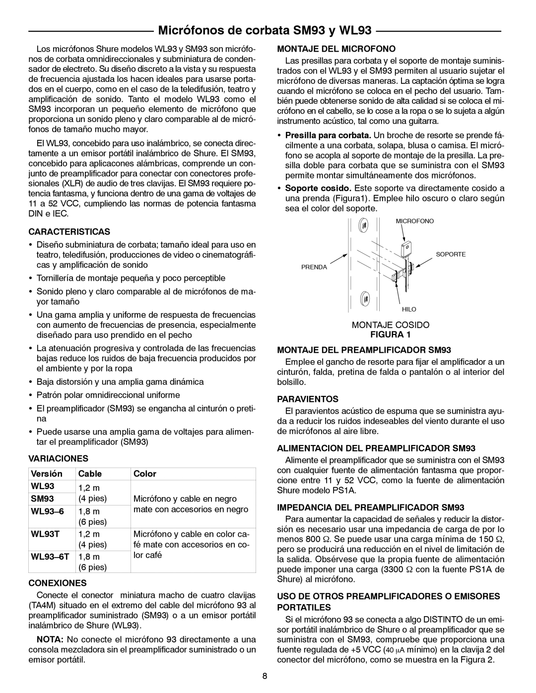 Shure WL93T, WL93-6T manual Micrófonos de corbata SM93 y WL93 