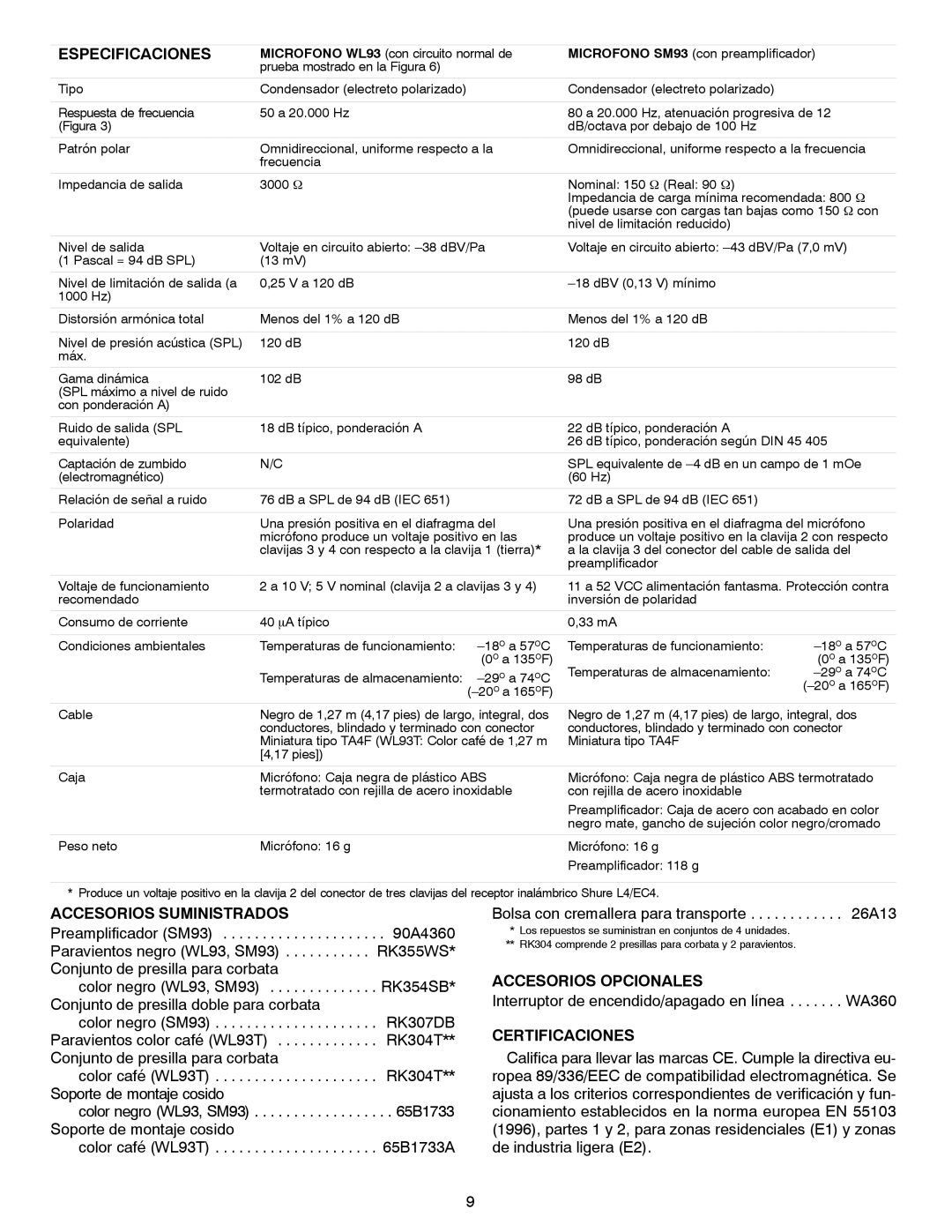 Shure WL93-6T, SM93, WL93T manual Especificaciones, Accesorios Suministrados, Accesorios Opcionales, Certificaciones 