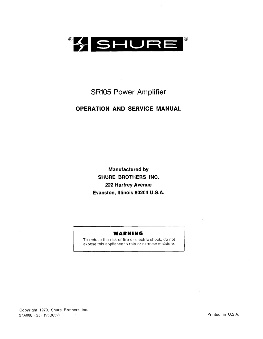 Shure service manual SR105 Power Amplifier 