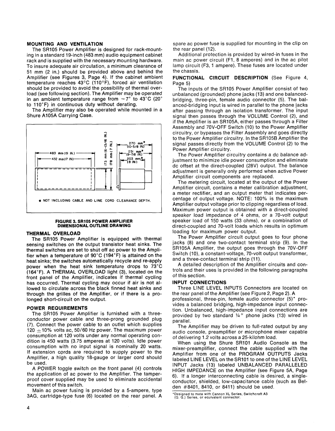 Shure SR105 service manual Mounting and Ventilation, Thermal Overload, Power Requirements, Input Connections 