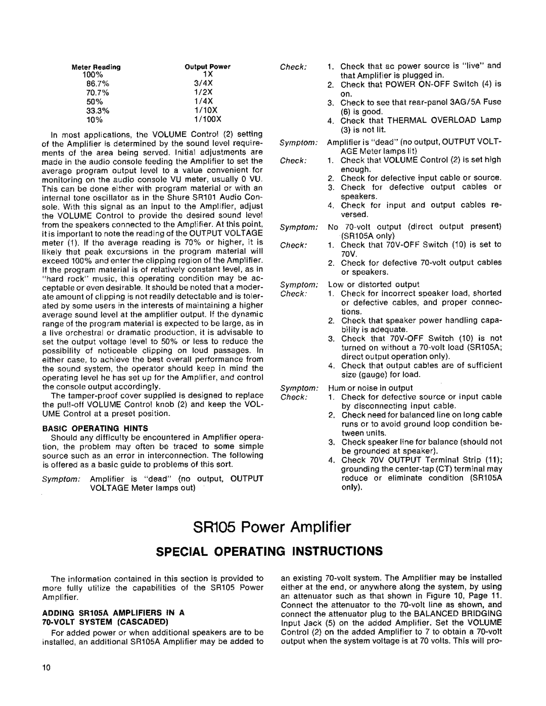 Shure Special Operating Instructions, Basic Operating Hints, Adding SR105A Amplifiers in a 70-VOLT System Cascaded 