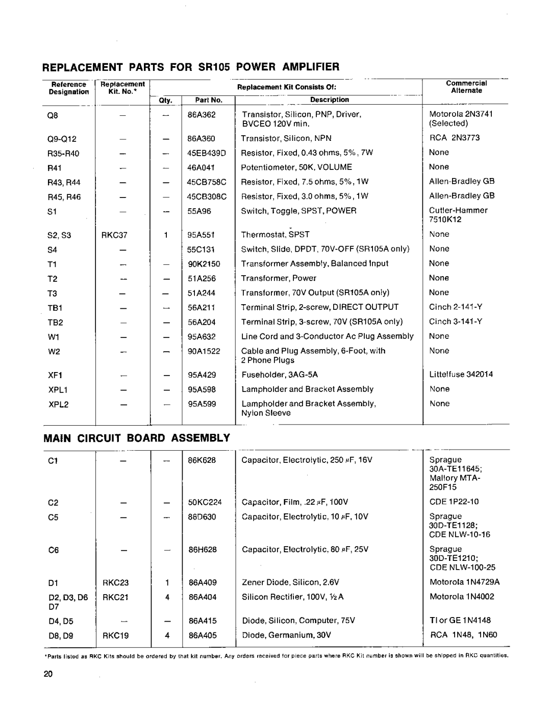 Shure SR105 service manual RKC37, TB1, TB2, XF1, XPL2, RKC23 RKC21 