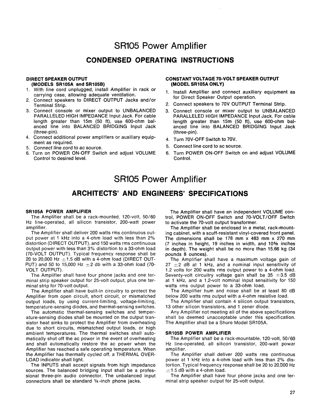 Shure SR105 service manual Condensed Operating Instructions, Architects Andengineers Specifications 