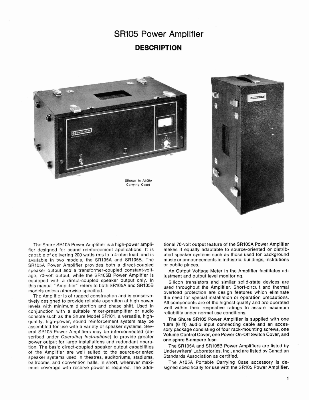 Shure service manual SR105 Power Amplifier, Description 