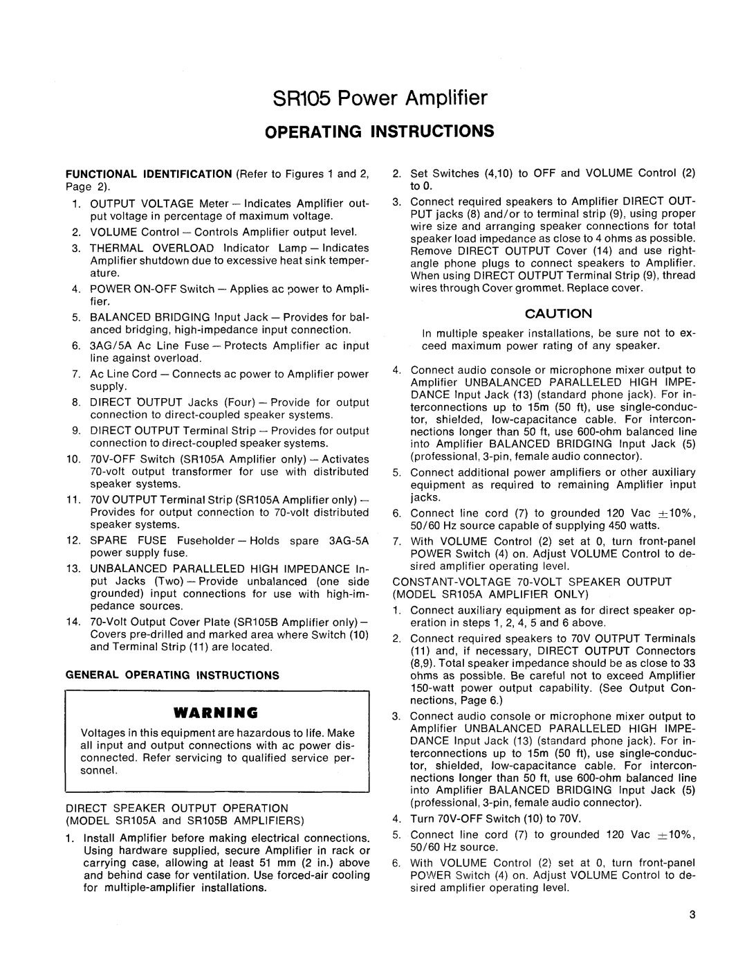 Shure SR105 service manual General Operating Instructions 