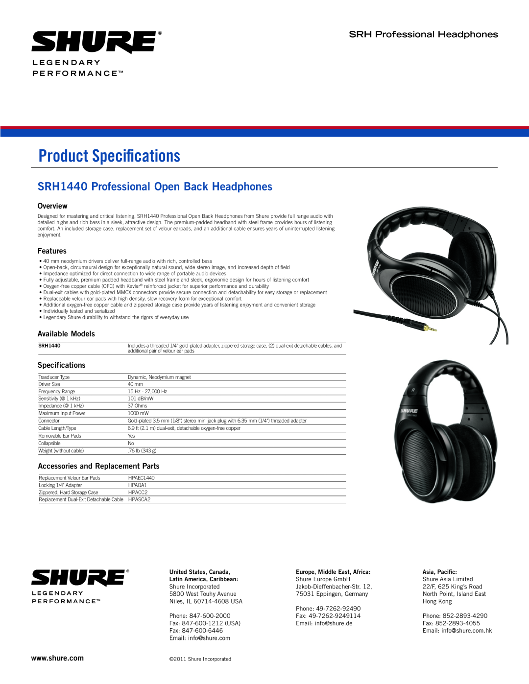 Shure specifications Product Specifications, SRH1440 Professional Open Back Headphones, SRH Professional Headphones 