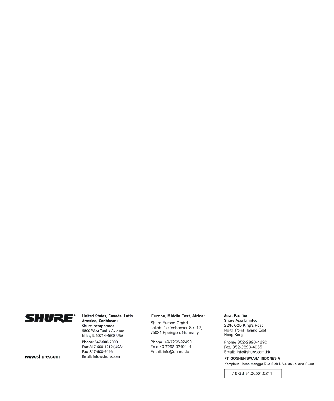 Shure SRH1540 manual Europe, Middle East, Africa 