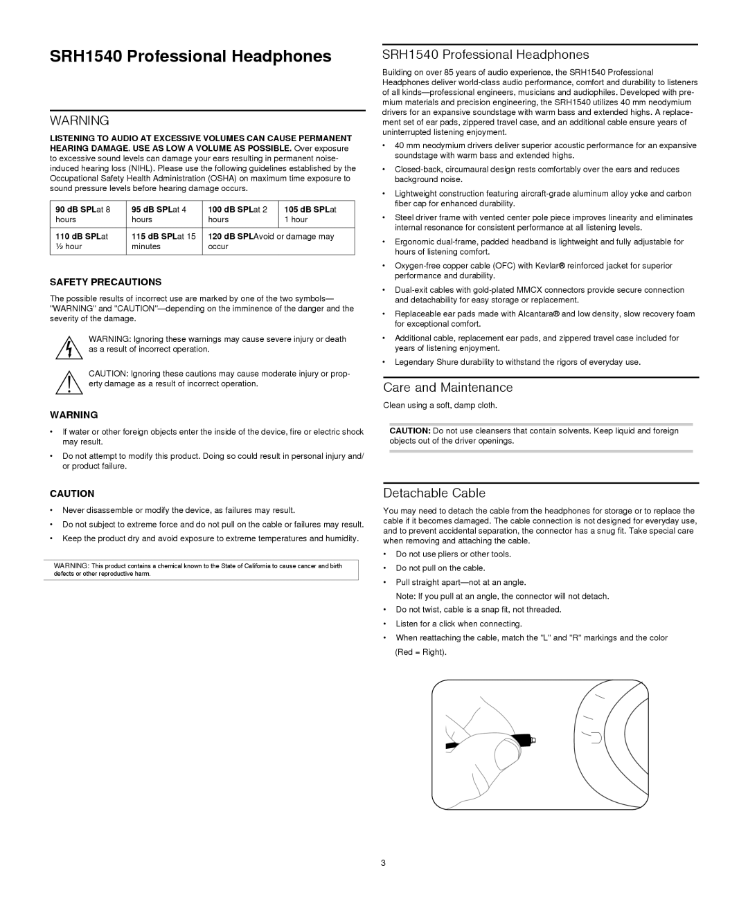 Shure manual SRH1540 Professional Headphones 