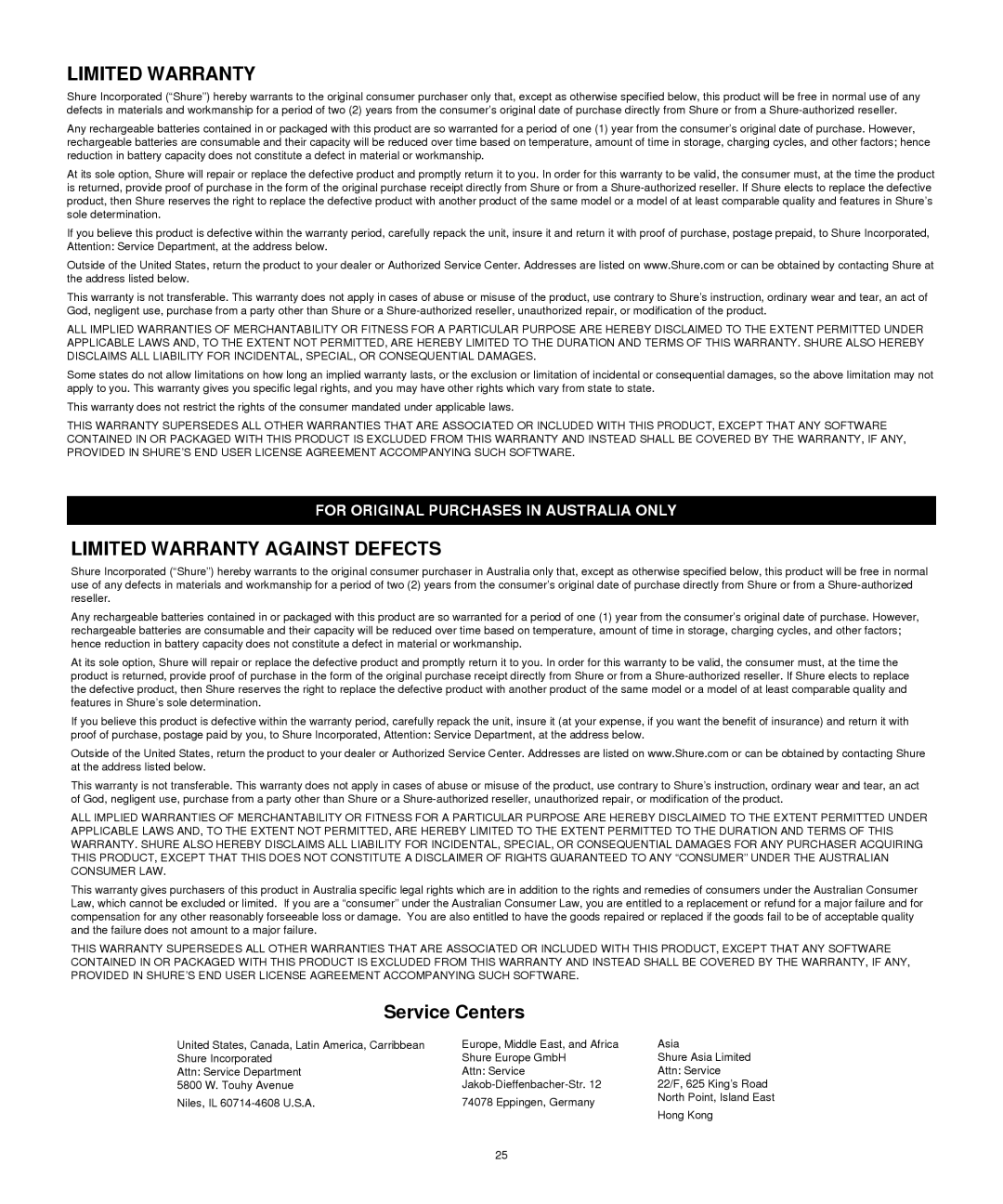 Shure SRH1540 manual Limited Warranty Against Defects, Service Centers 