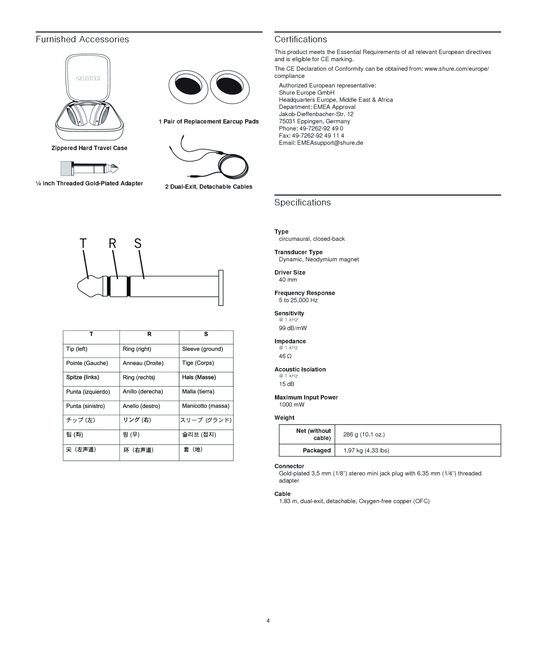 Shure SRH1540 manual Furnished Accessories, Certifications, Specifications 
