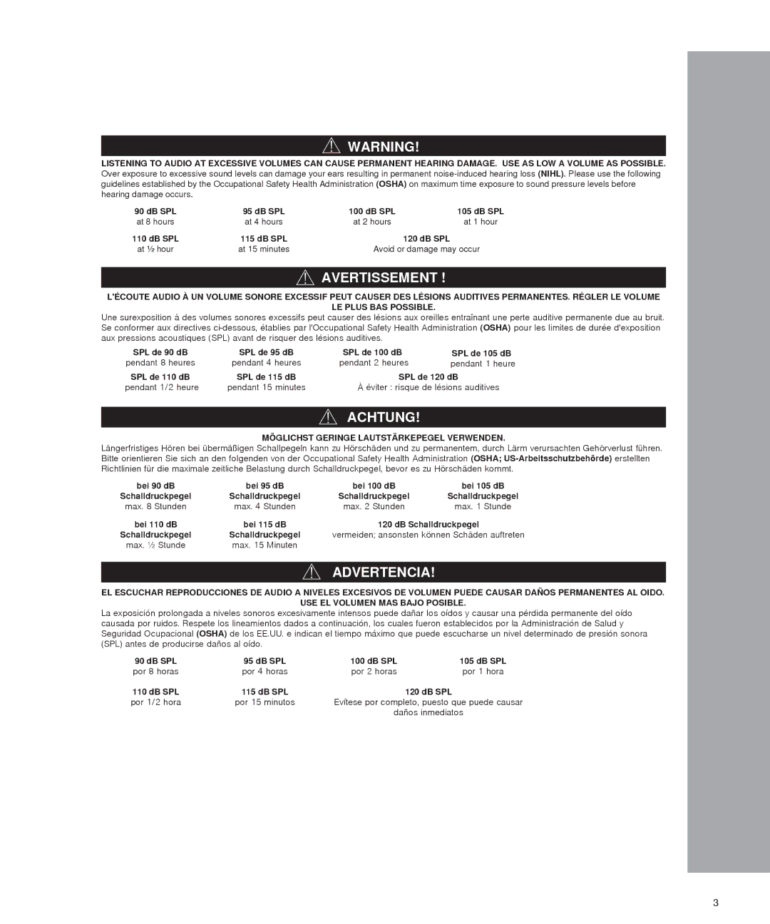 Shure SRH240 manual Avertissement, Achtung, Advertencia, Möglichst Geringe Lautstärkepegel Verwenden 