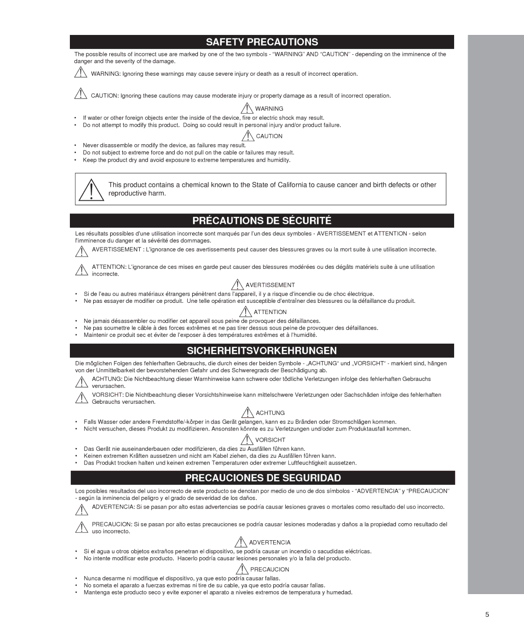 Shure SRH240 manual Safety Precautions, Précautions DE Sécurité, Sicherheitsvorkehrungen, Precauciones DE Seguridad 