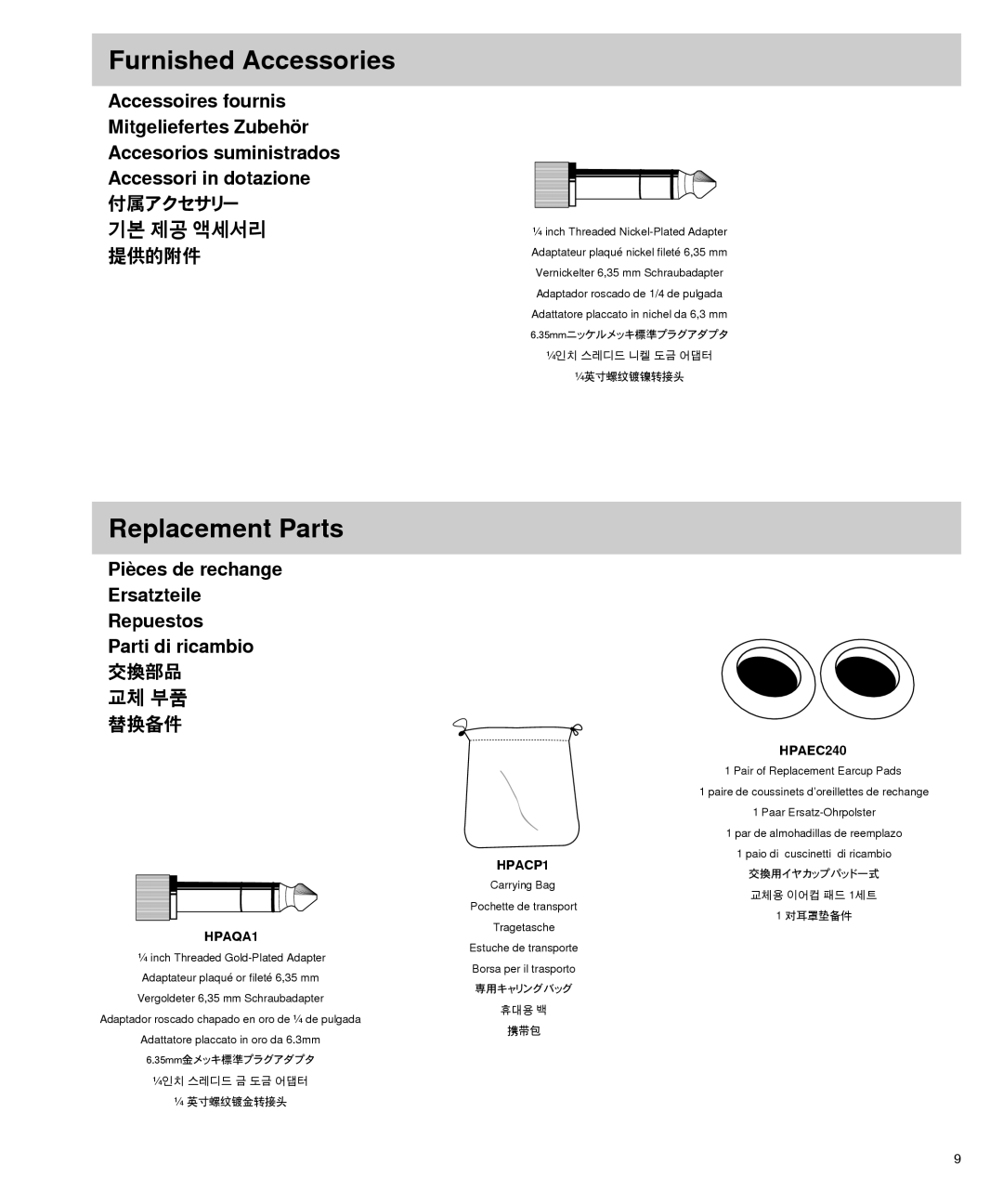 Shure SRH240 manual Furnished Accessories, Replacement Parts, Pièces de rechange Ersatzteile Repuestos, 교체 부품 替换备件 