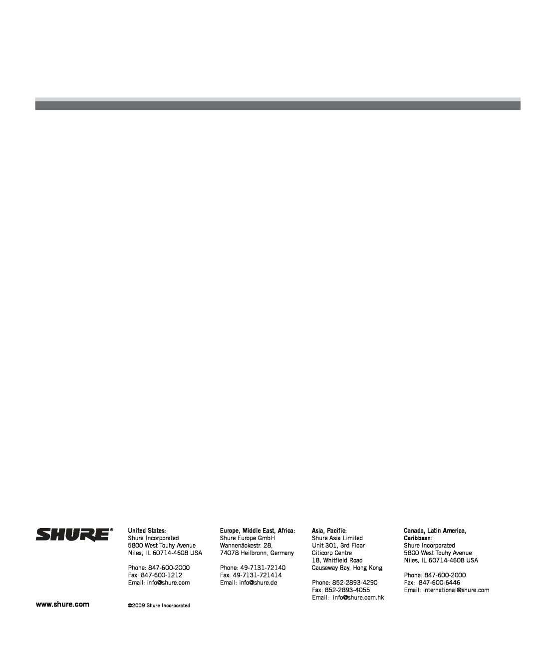 Shure SRH240 manual United States, Europe, Middle East, Africa, Asia, Pacific, Canada, Latin America, Caribbean 