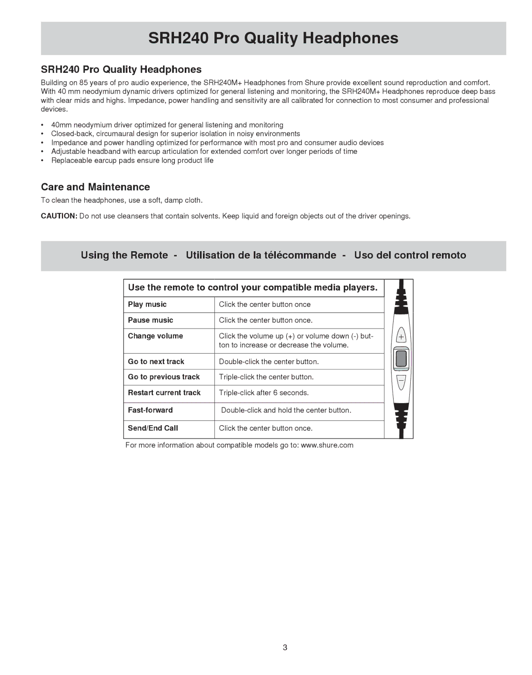 Shure SRH240m+ manual SRH240 Pro Quality Headphones 