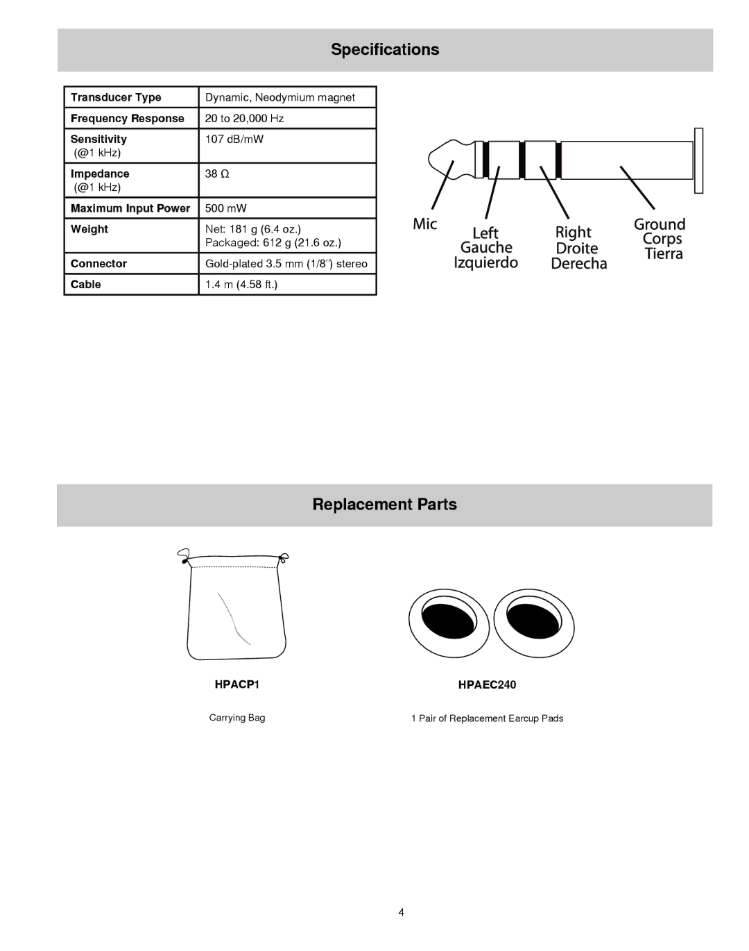 Shure SRH240m+ manual Specifications, Replacement Parts 