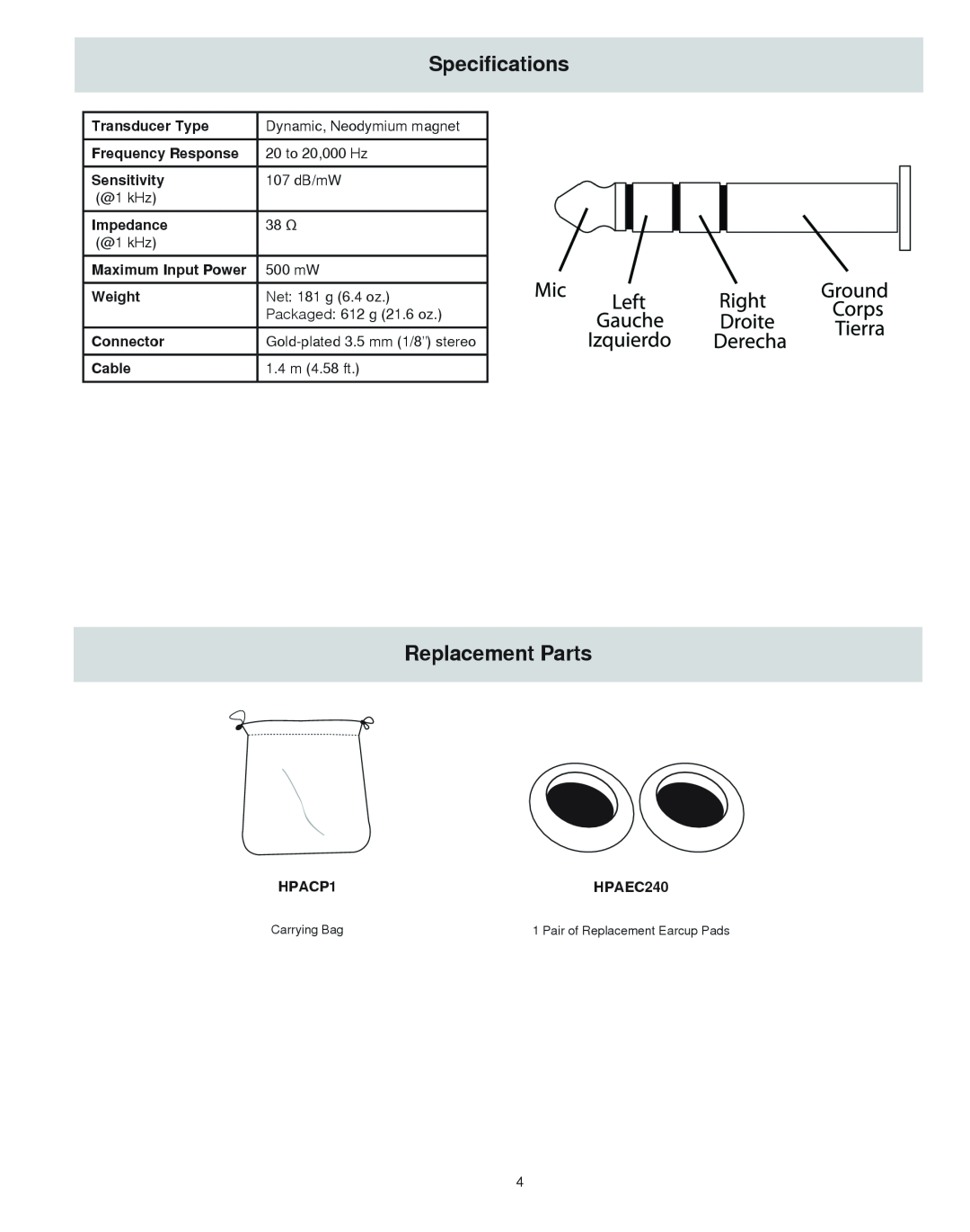 Shure SRH240m+ manual Specifications, Replacement Parts 