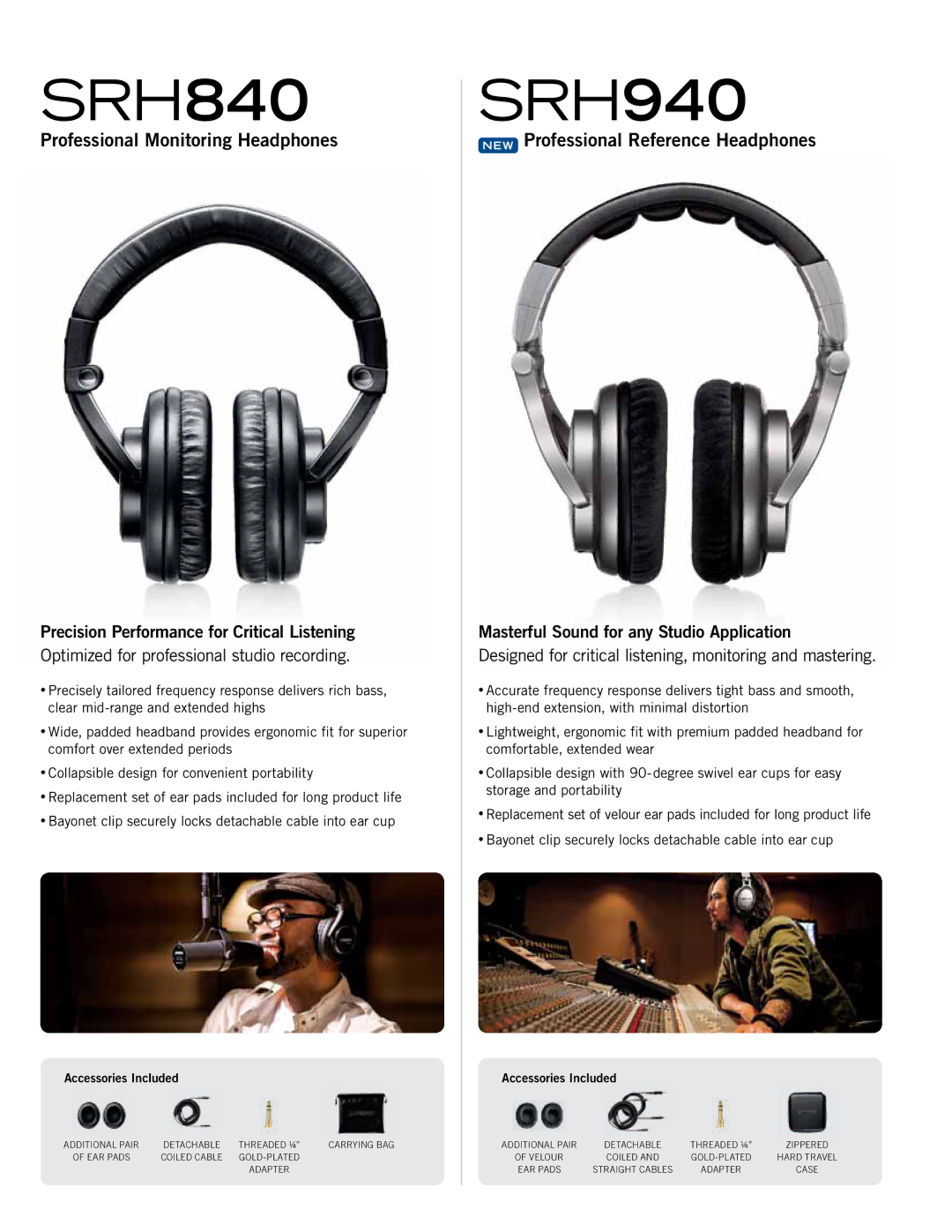 Shure SRH440 SRH240 manual SRH840, SRH940, Professional Monitoring Headphones, NEW Professional Reference Headphones 