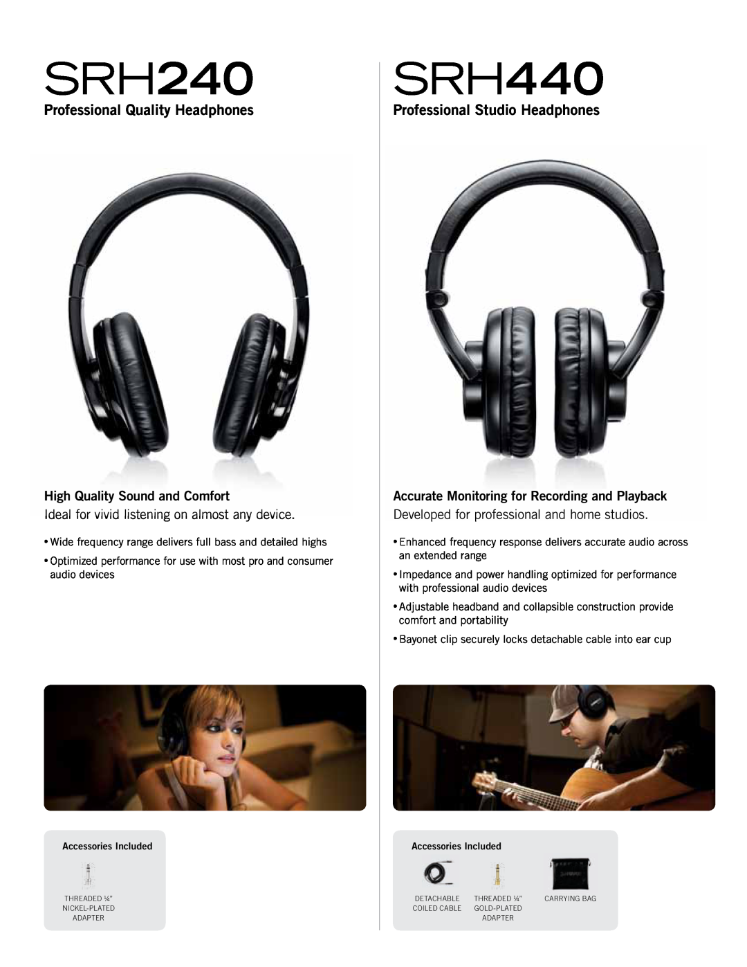 Shure SRH440 SRH240 manual Professional Quality Headphones, Professional Studio Headphones, High Quality Sound and Comfort 