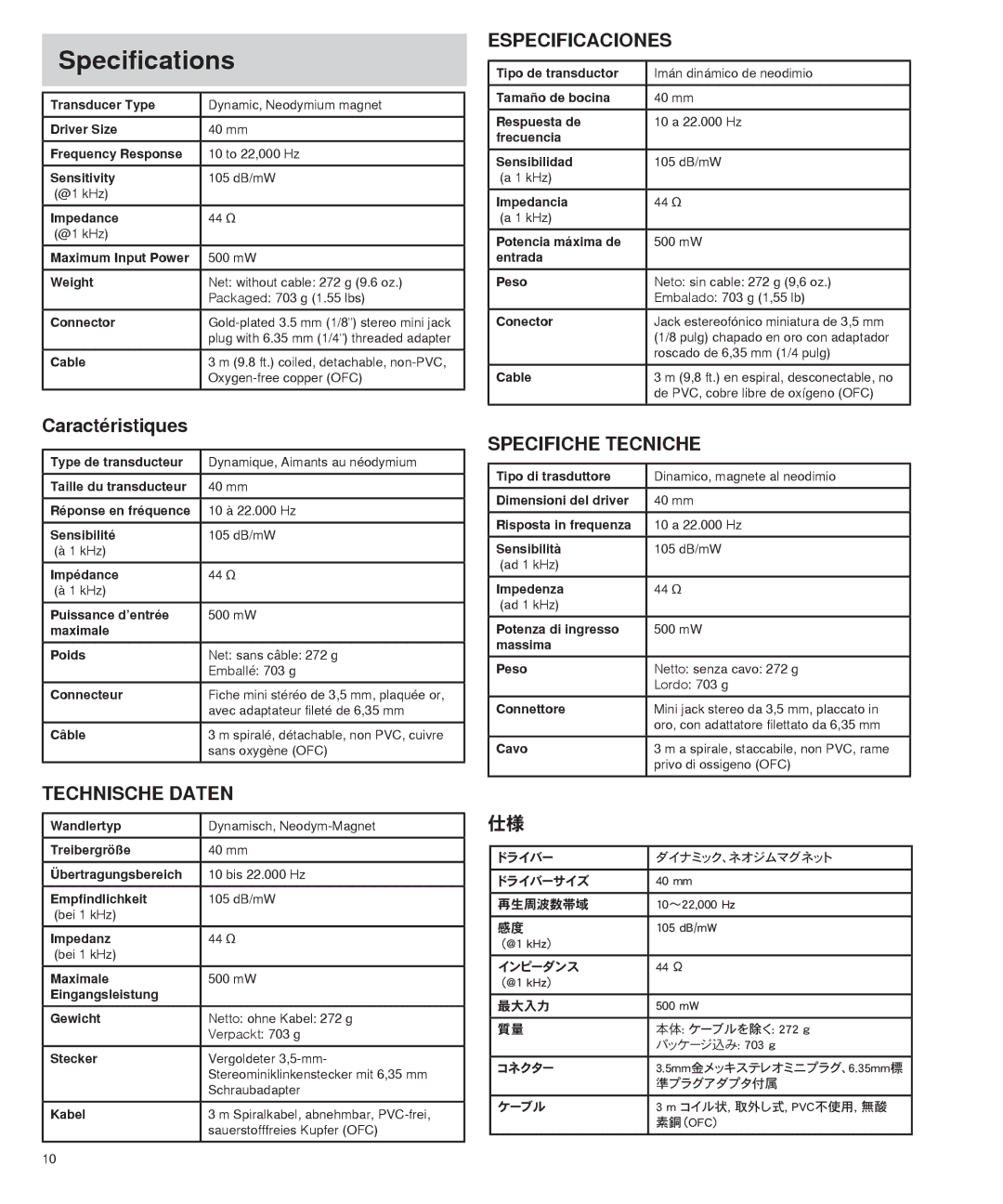 Shure SRH440 manual Specifications, Caractéristiques 