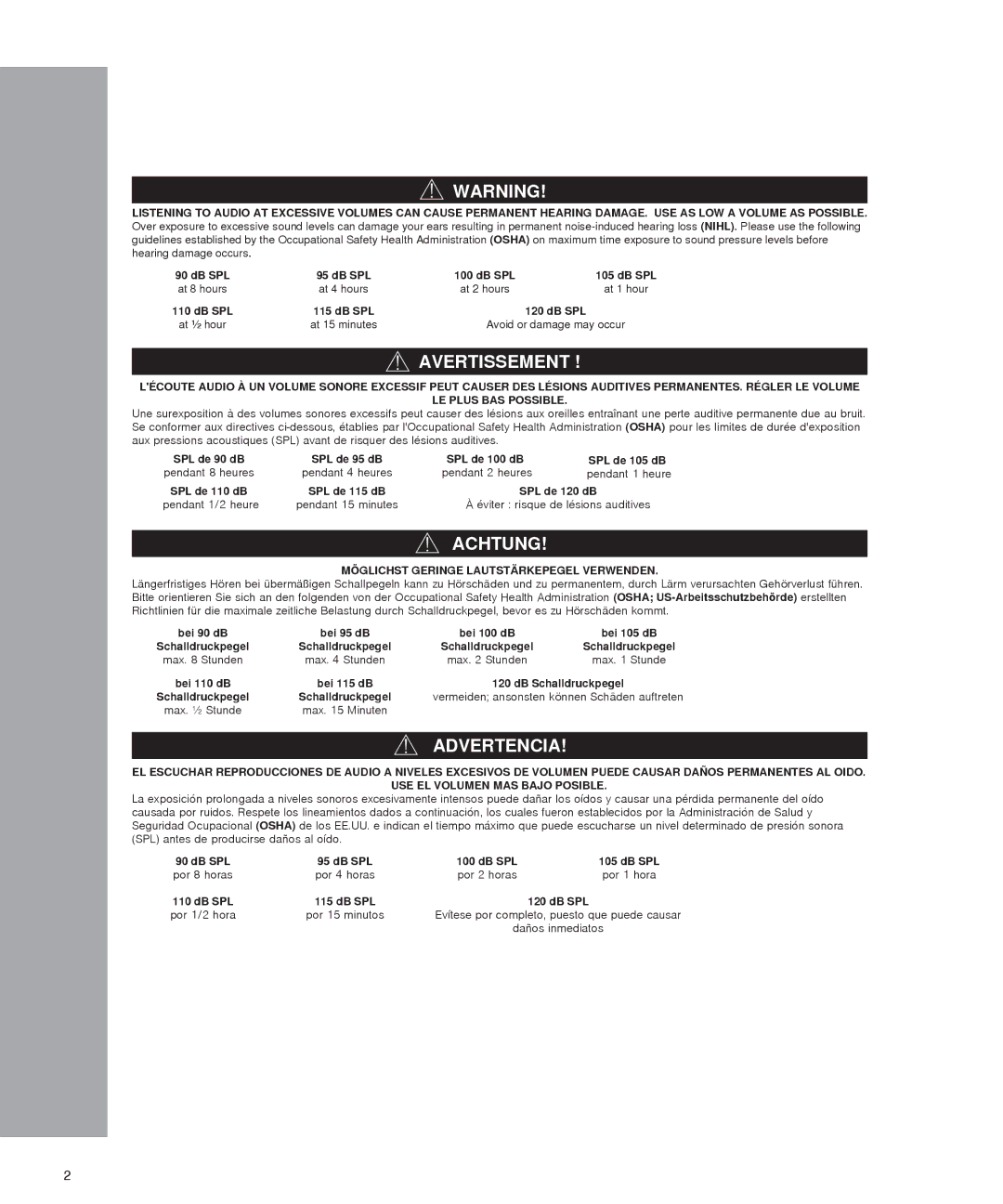 Shure SRH440 manual Avertissement, Achtung, Advertencia, Möglichst Geringe Lautstärkepegel Verwenden 