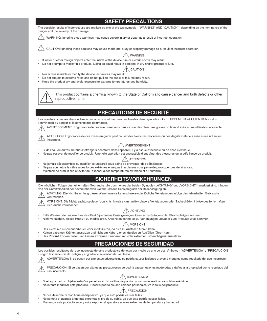 Shure SRH440 manual Safety Precautions, Précautions DE Sécurité, Sicherheitsvorkehrungen, Precauciones DE Seguridad 