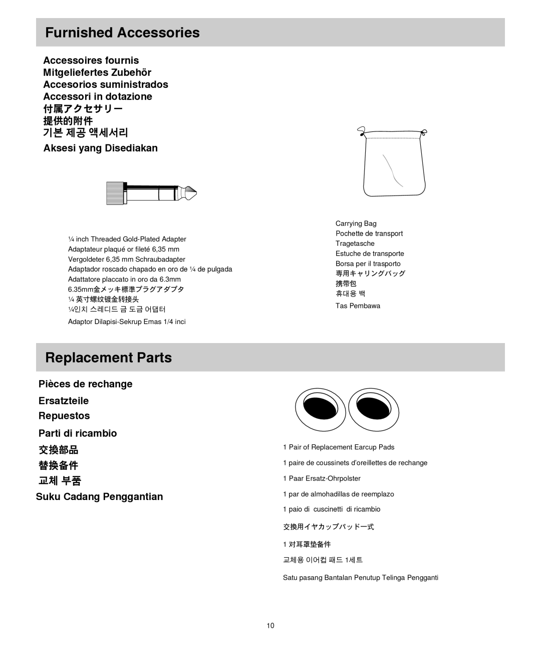 Shure SRH550DJ manual Furnished Accessories, Replacement Parts 