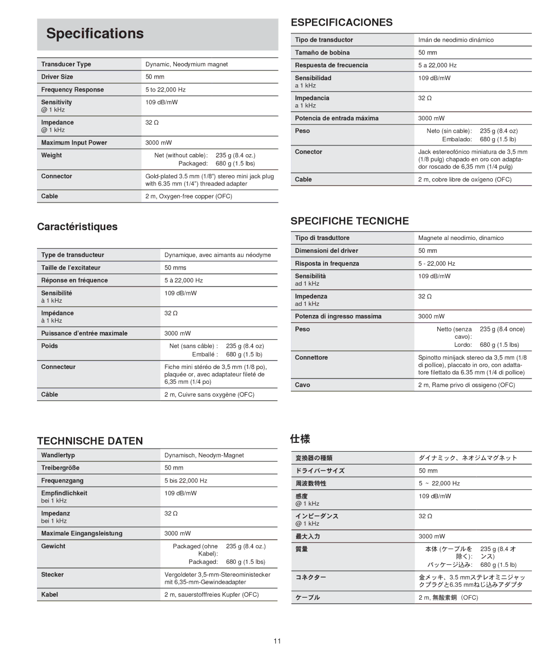 Shure SRH550DJ manual Specifications, Caractéristiques 