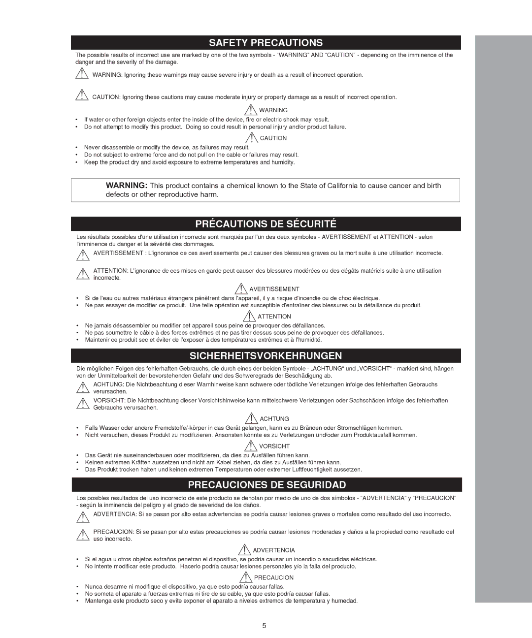 Shure SRH550DJ manual Safety Precautions, Précautions DE Sécurité, Sicherheitsvorkehrungen, Precauciones DE Seguridad 