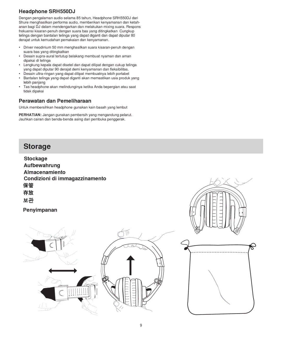 Shure manual Storage, Headphone SRH550DJ, Perawatan dan Pemeliharaan 