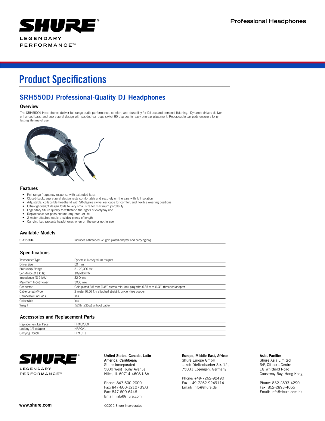Shure specifications Product Specifications, SRH550DJ Professional-QualityDJ Headphones, Professional Headphones 