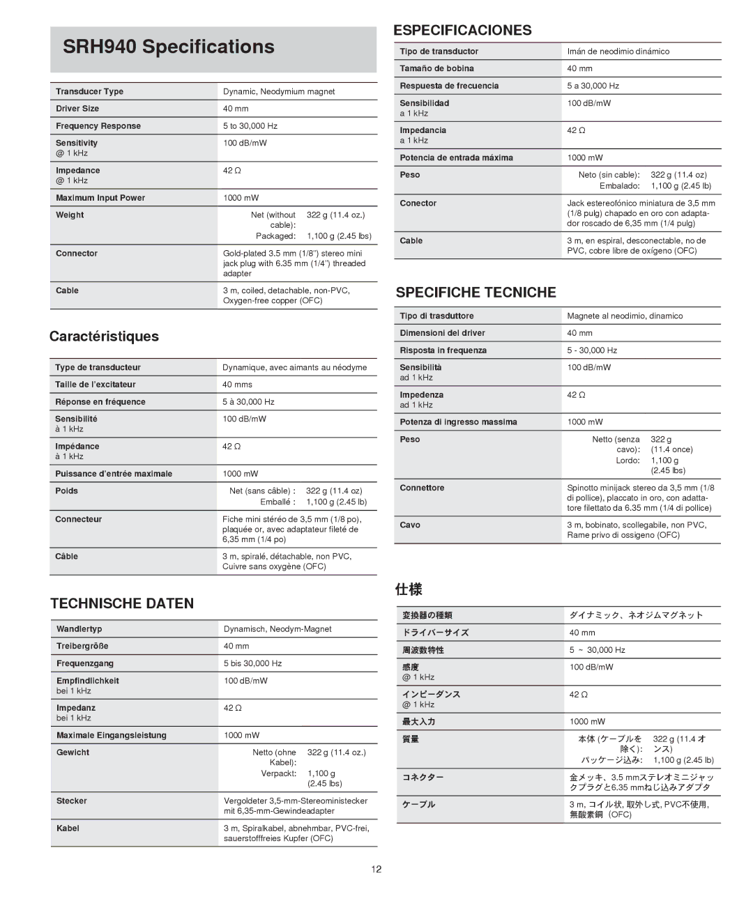 Shure manual SRH940 Specifications, Caractéristiques 