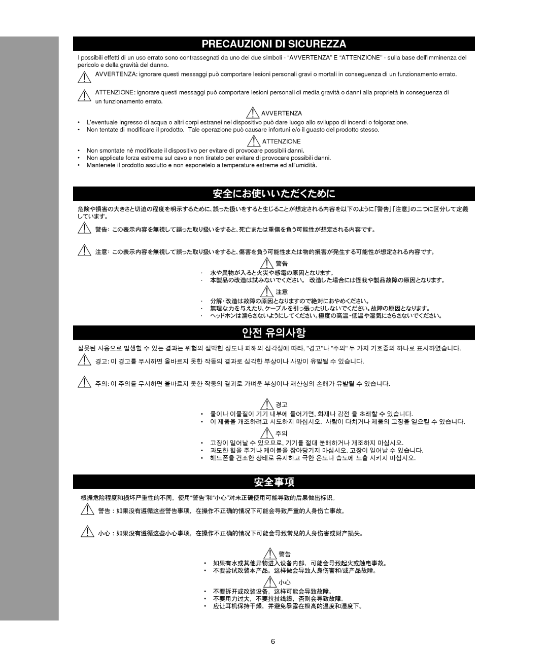 Shure SRH940 manual Precauzioni DI Sicurezza, Avvertenza 