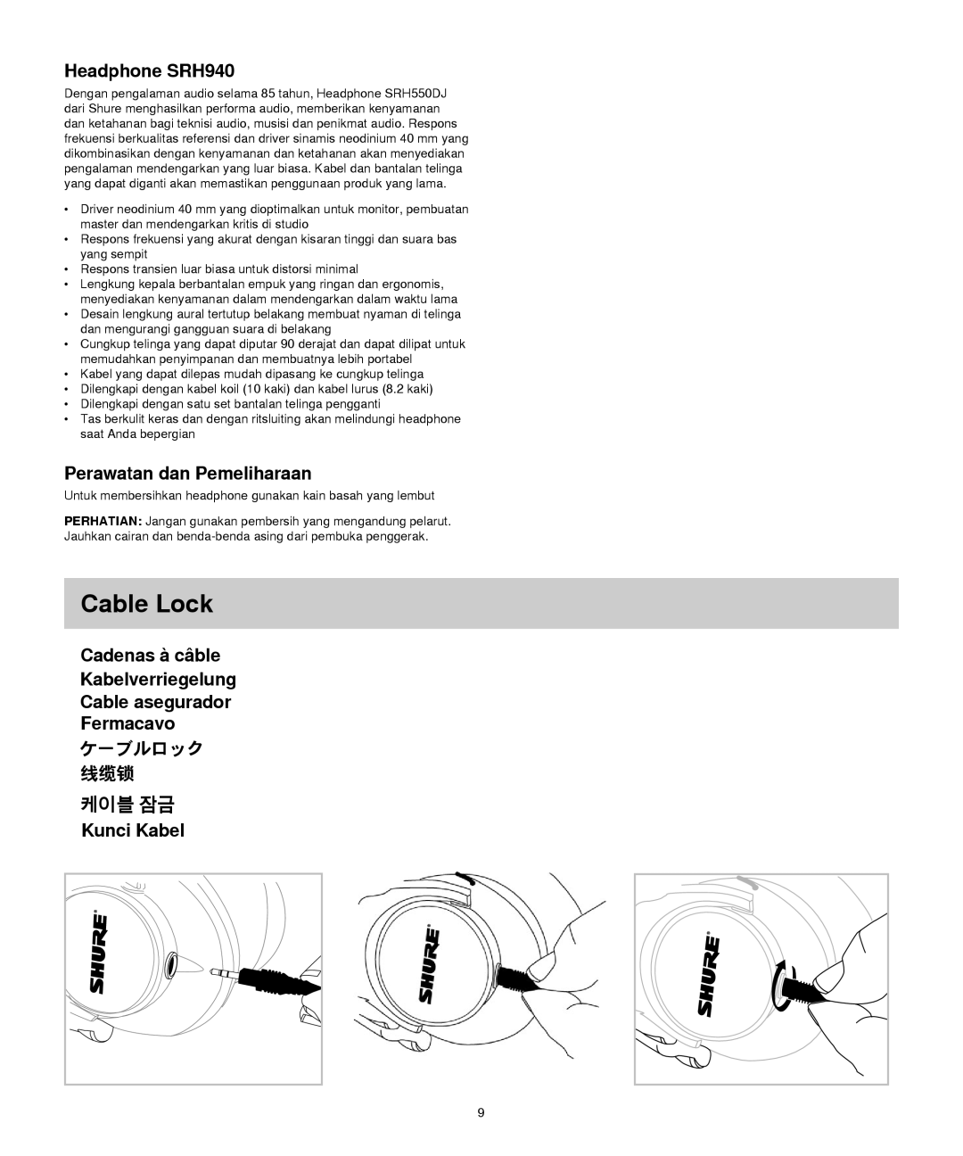 Shure manual Cable Lock, Headphone SRH940, Perawatan dan Pemeliharaan 