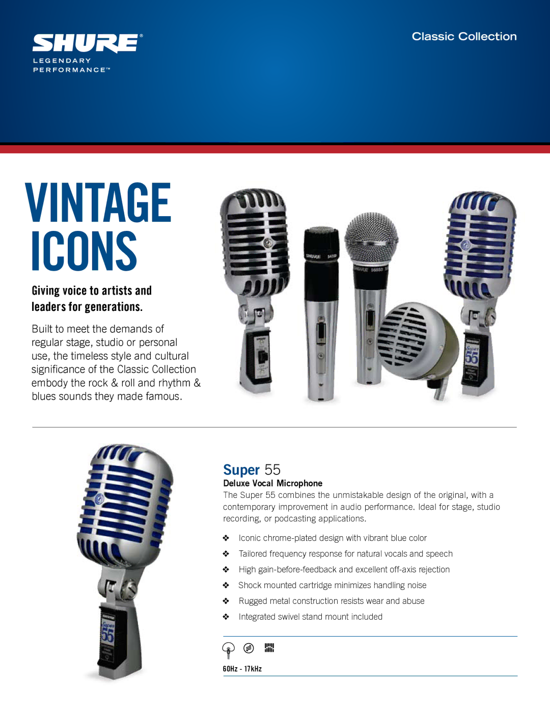 Shure Super 55 manual Giving voice to artists and leaders for generations, Deluxe Vocal Microphone 