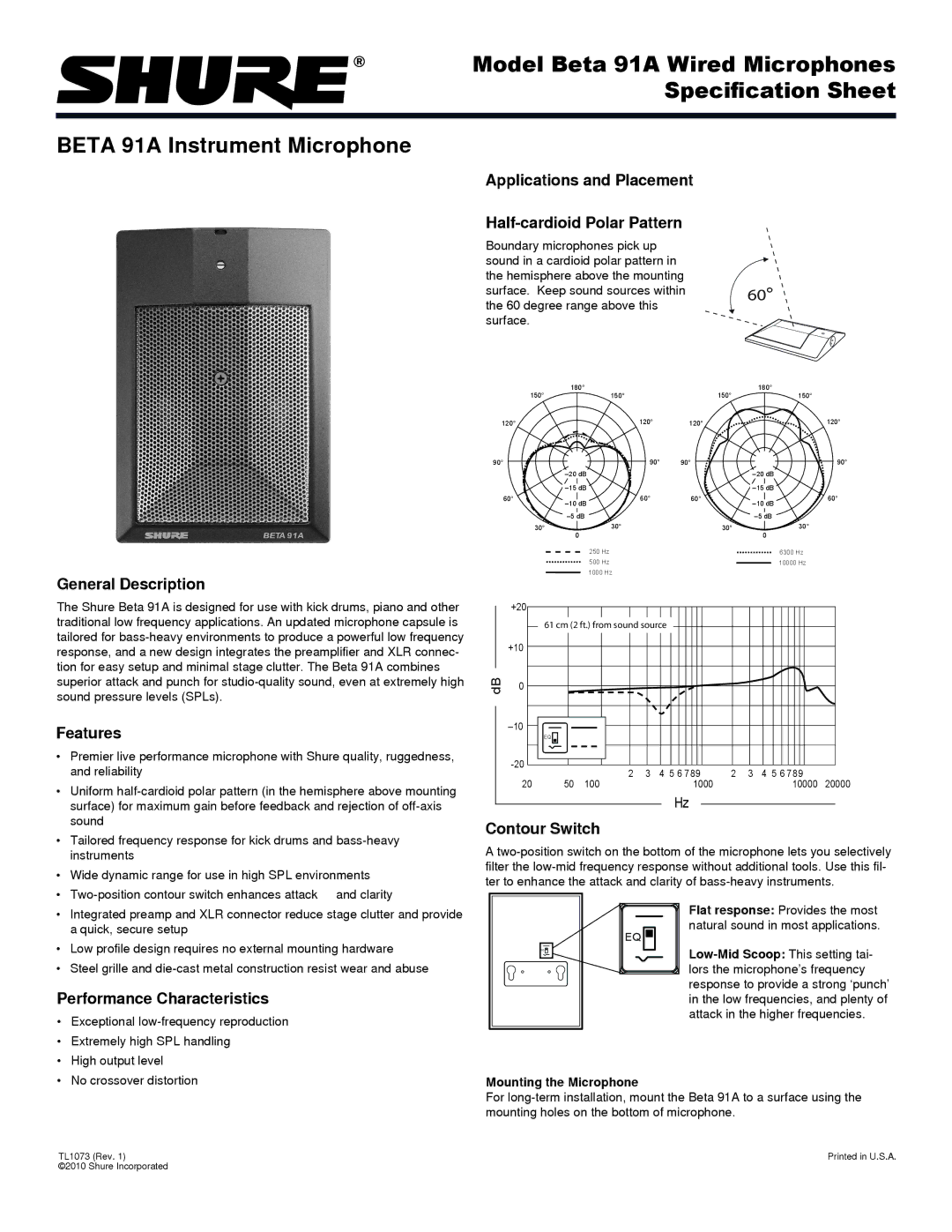 Shure TL1073 manual General Description, Features, Performance Characteristics, Contour Switch 