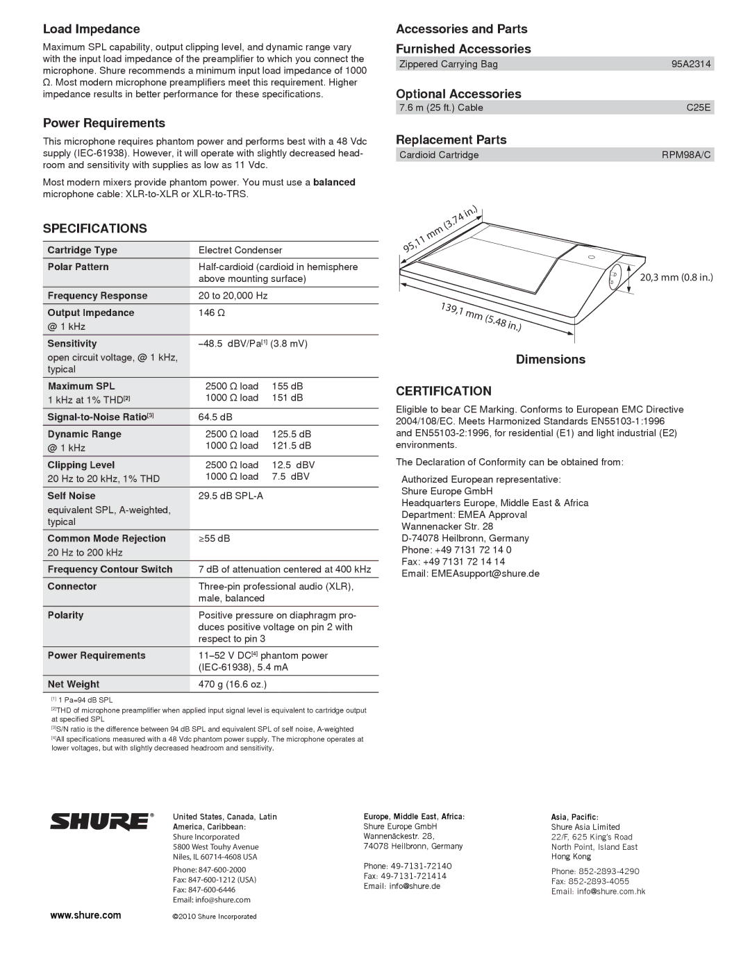 Shure TL1073 manual Specifications, Certification 