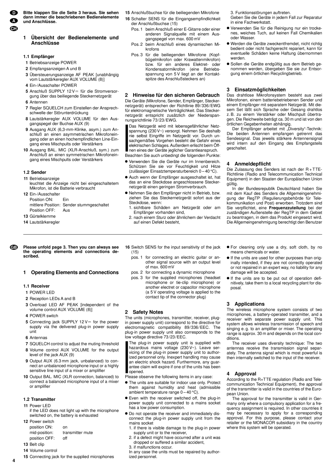 Shure TXS-142/VT Übersicht der Bedienelemente und, Anschlüsse, Hinweise für den sicheren Gebrauch, Einsatzmöglichkeiten 